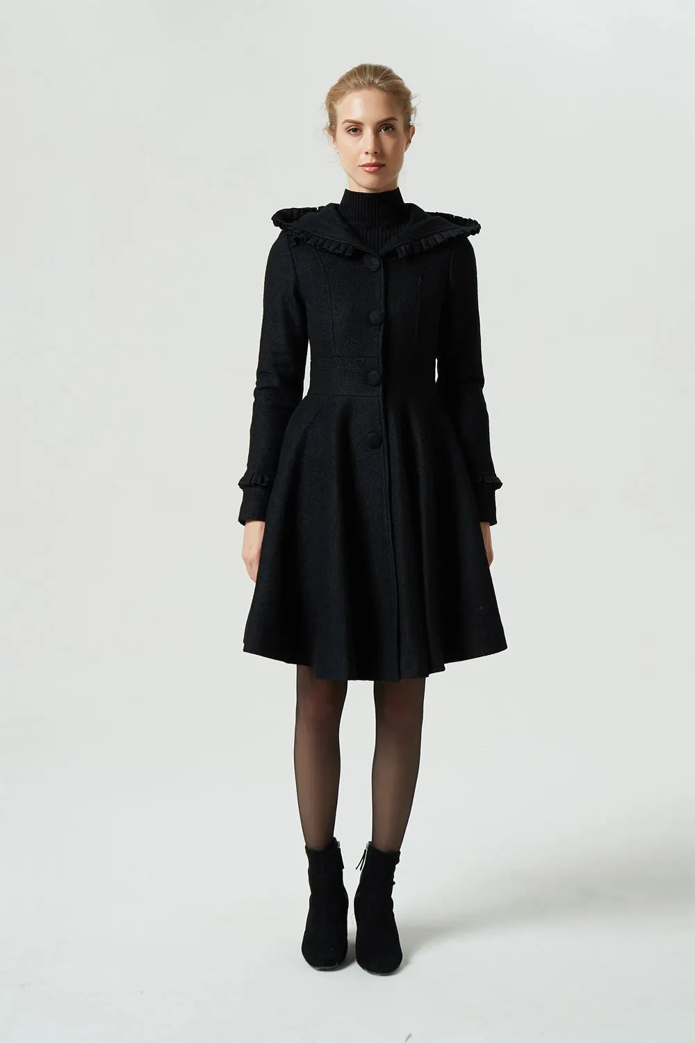 Vintage Wool Coat for Women – Handmade Black Hooded Fit and Flare Winter Coat with Ruffles 