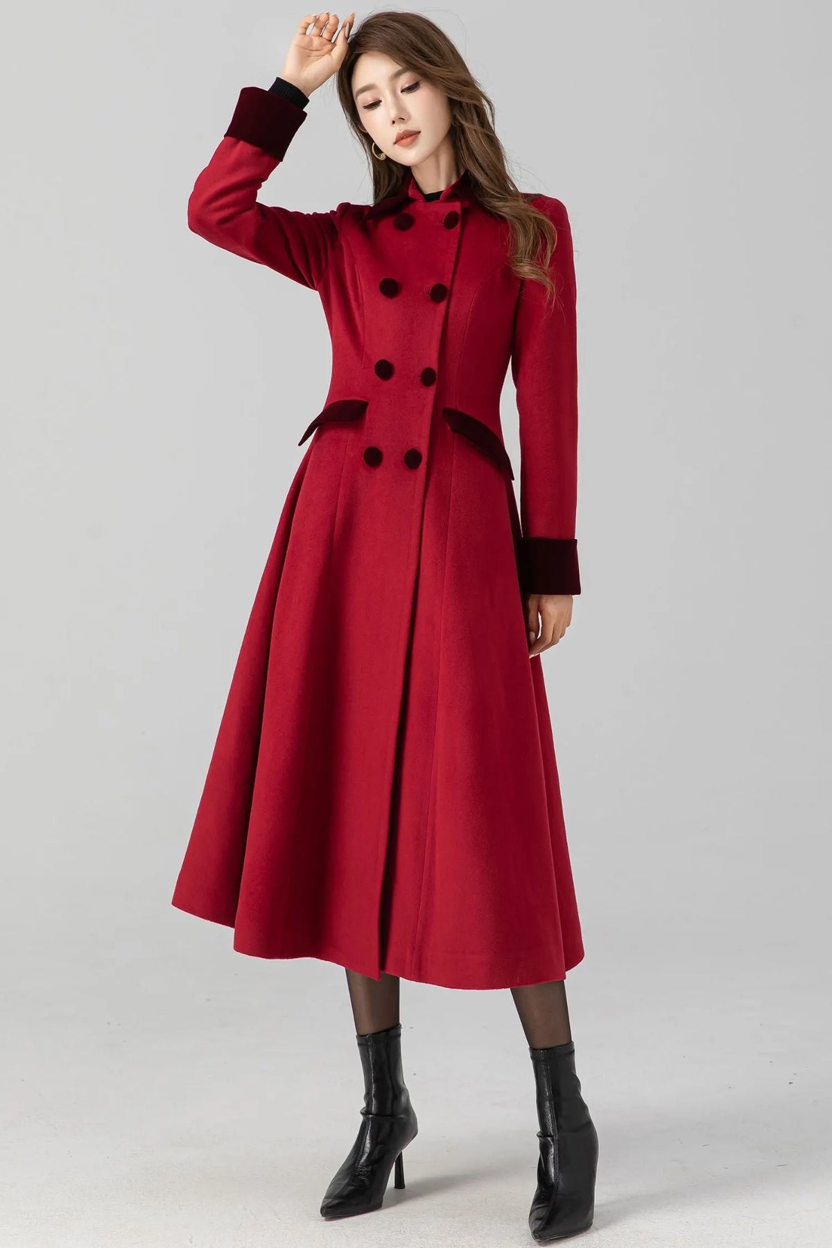Handmade Vintage Red Wool Coat – A-Line Double Breasted Winter 