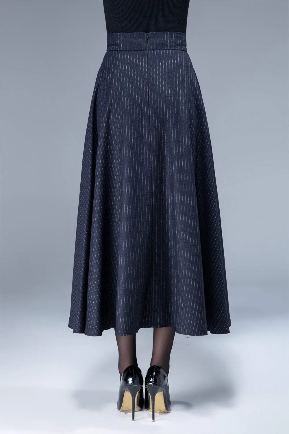 Navy Wool Maxi Skirt - Flowy Silhouette with Side Pockets 1808
