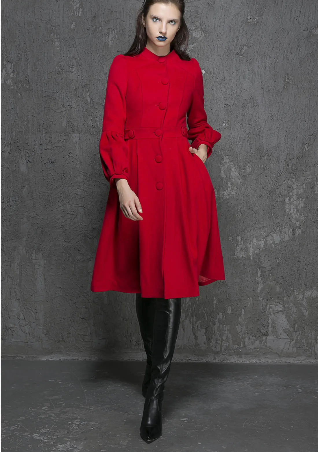 Women’s Red Wool Coat – Handmade Vintage Pleated Winter Dress Coat 1330