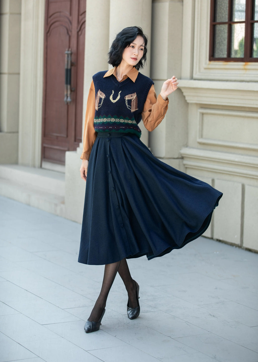 Navy Wool Midi Skirt - High Waist Flare Swing Silhouette 6338