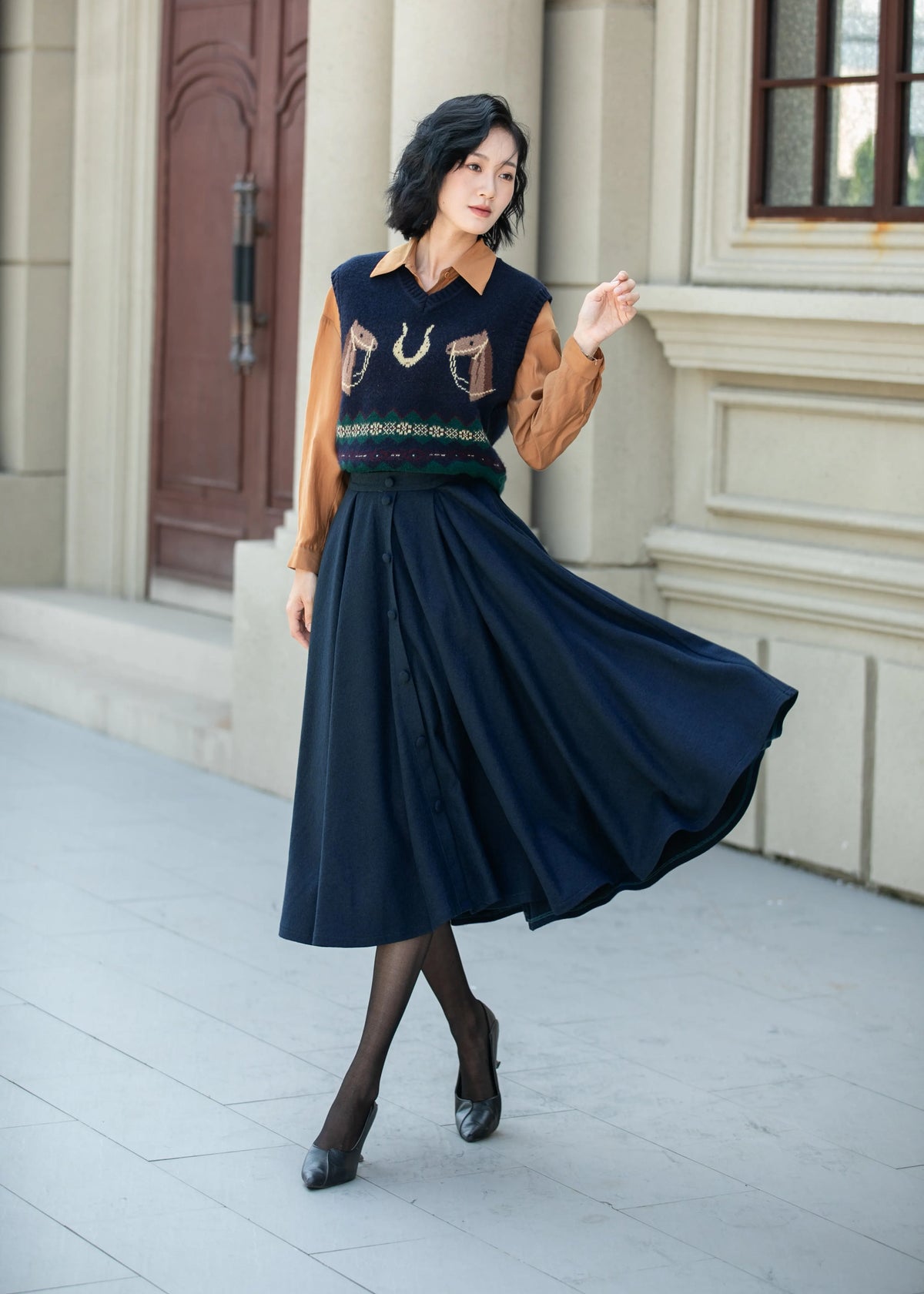 Navy Wool Midi Skirt - High Waist Flare Swing Silhouette 6338