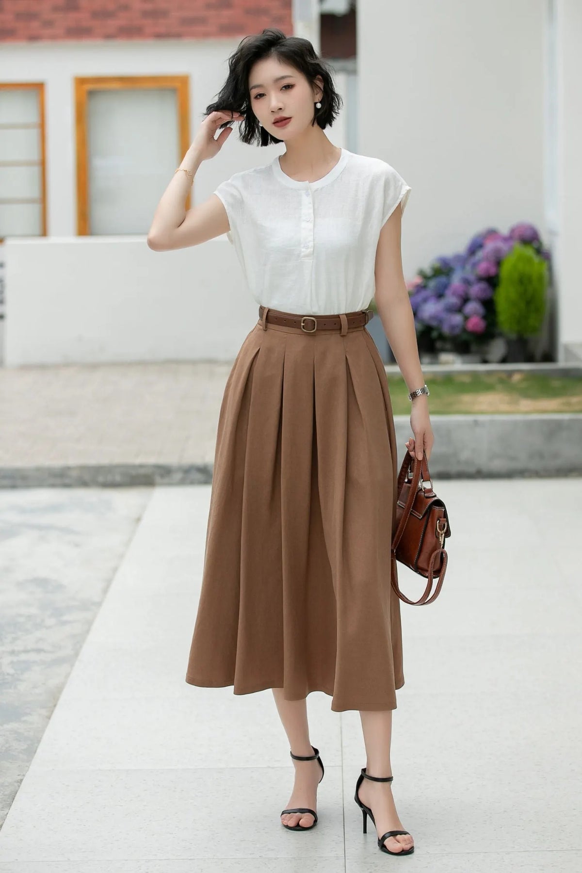 Coffee Linen Midi Skirt - Pleated A-Line with Belt Loops 5982