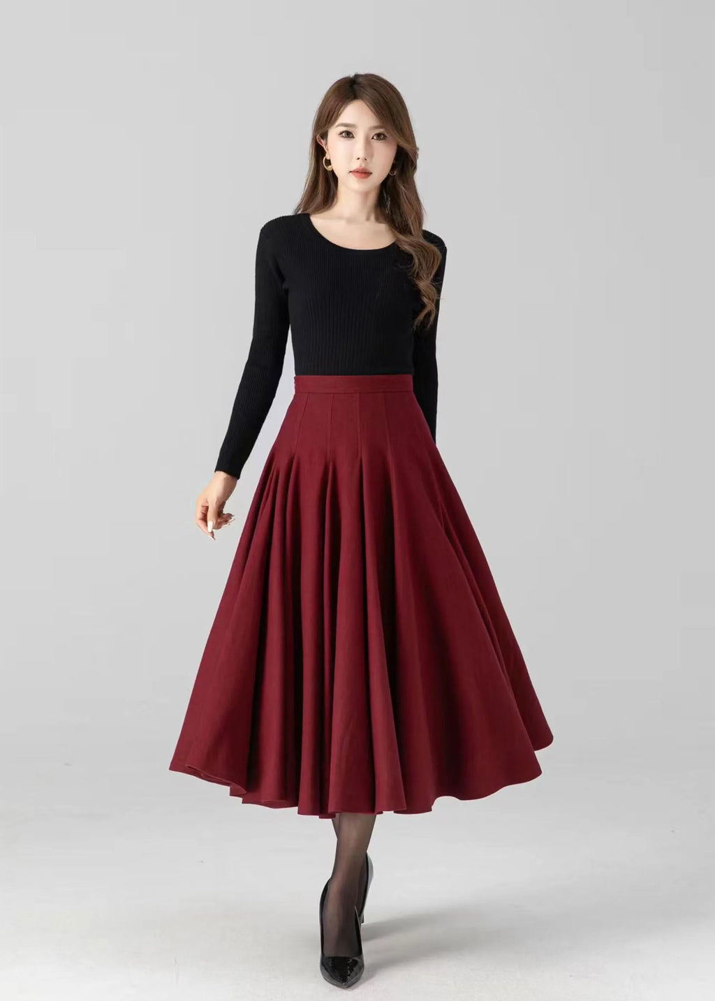 Women's Red Wool Swing Midi Skirt – Warm Winter Pleated High Waist Skirt 
