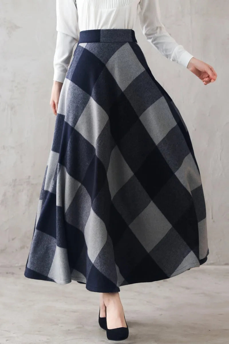 Navy Plaid Wool Maxi Skirt – Vintage Ankle-Length Winter Skirt with Pockets 3107