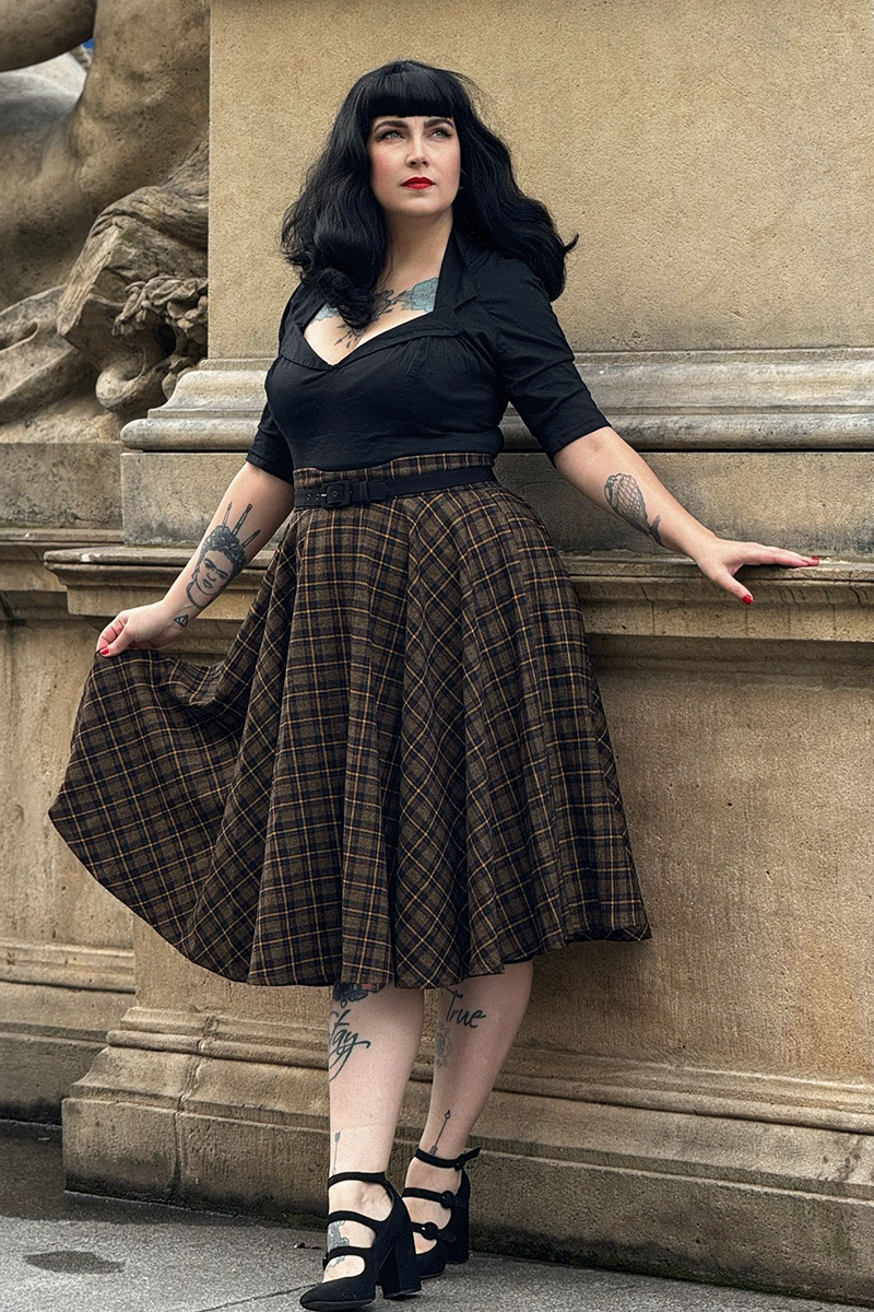 Plaid Wool Midi Skirt - Pleated Circle, High Waist 4727