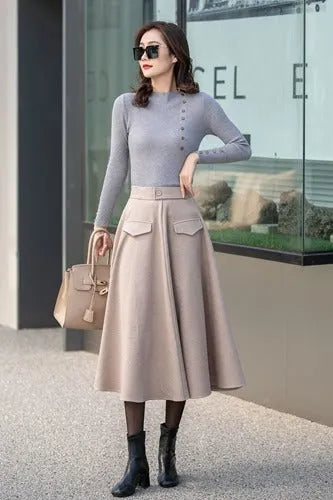 Beige Wool Midi Skirt - High Waisted A-Line with Decorative Pockets 4134