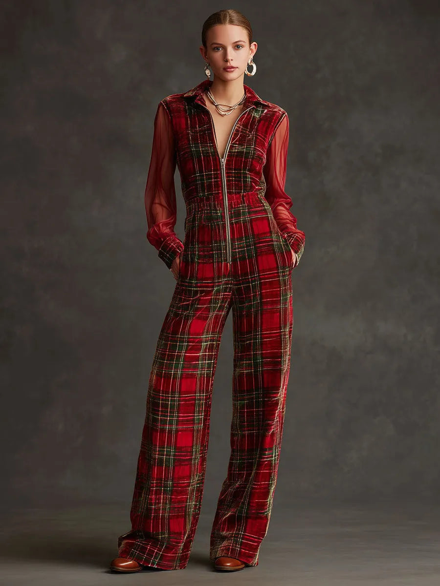 Retro Long-sleeved Mesh Red And Green Plaid Velvet Wide-leg Jumpsuit