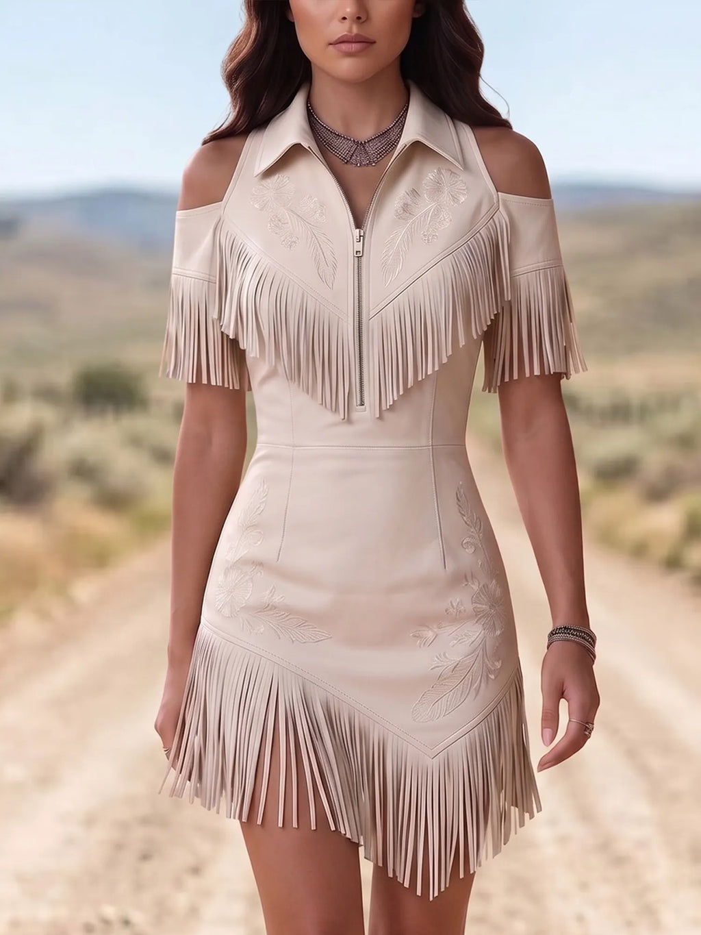 Western Dress — Ivory Cream Feather Embroidered Fringe Suede Dress Mini Dress