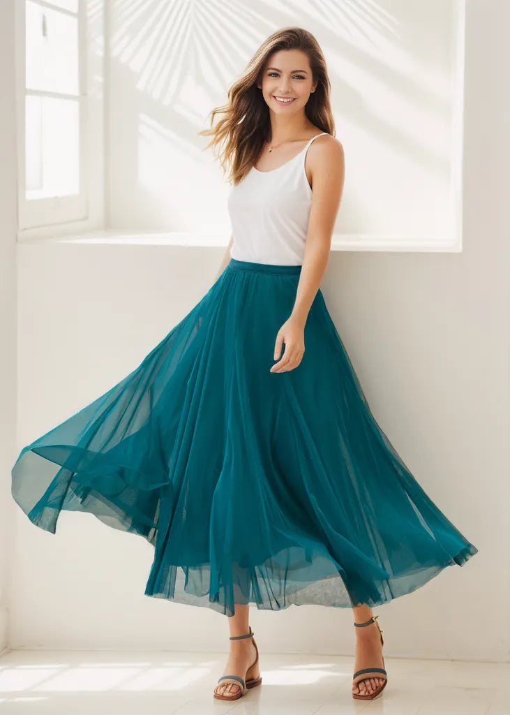 Boho Chiffon Midi Skirt, Elastic Waist Circle Skirt 