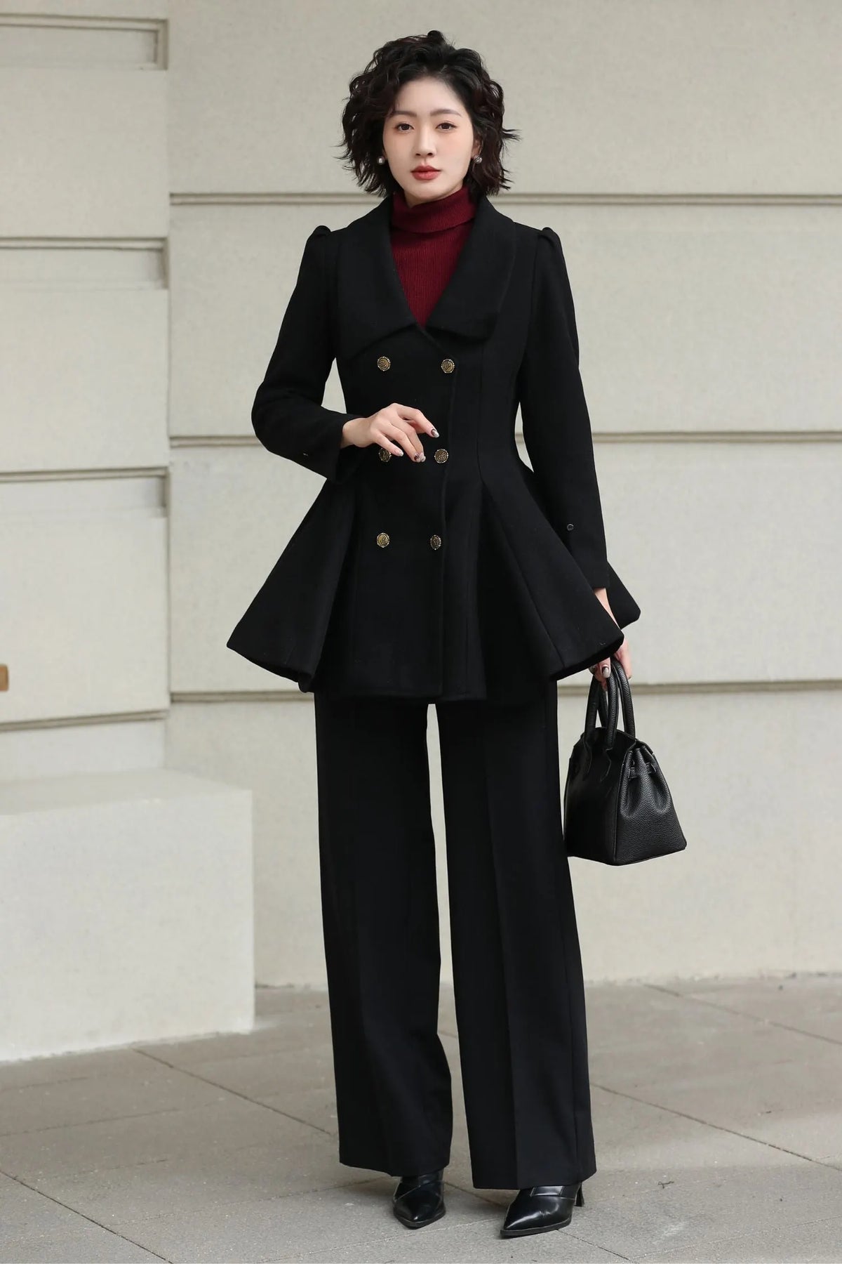 Xiaolizi Burgundy Wool Coat for Women – Handmade Double-Breasted Peplum Winter Coat 6616