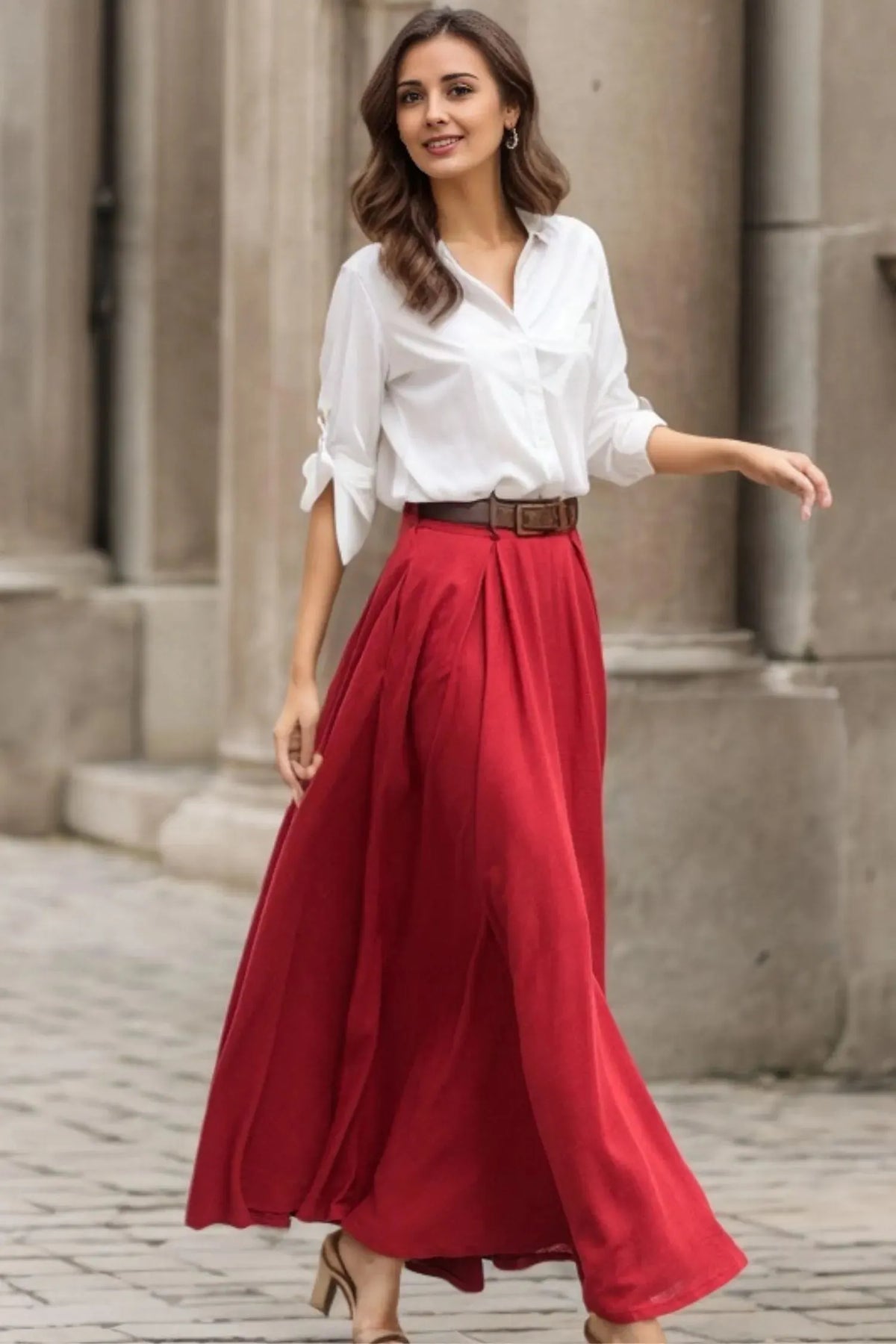 Red Cotton Linen Maxi Skirt - High-Waisted Pleated A-Line Swing 5516
