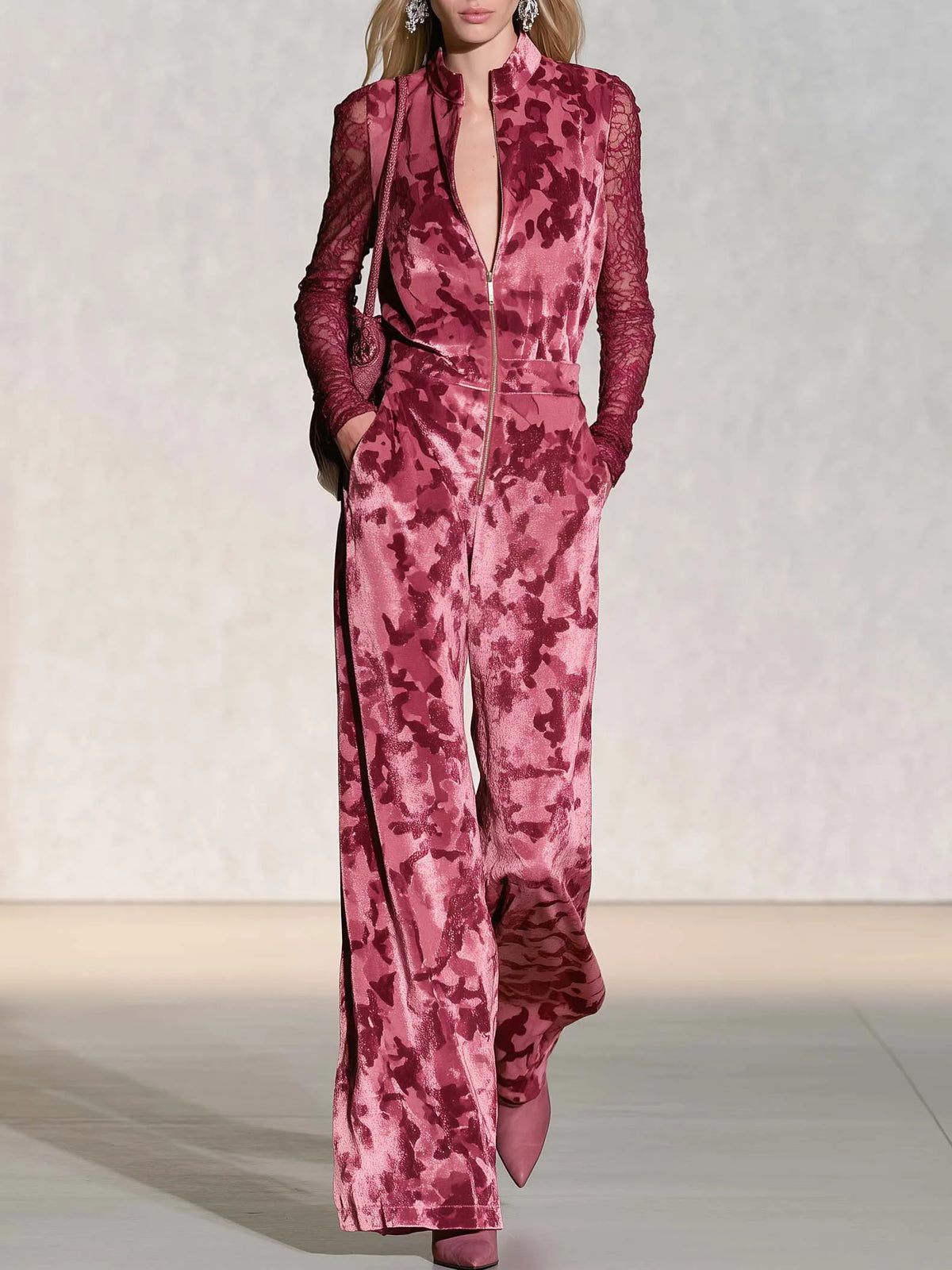 Edgy Chic Camo Print Sheer Lace Sleeves Velvet Jumpsuit