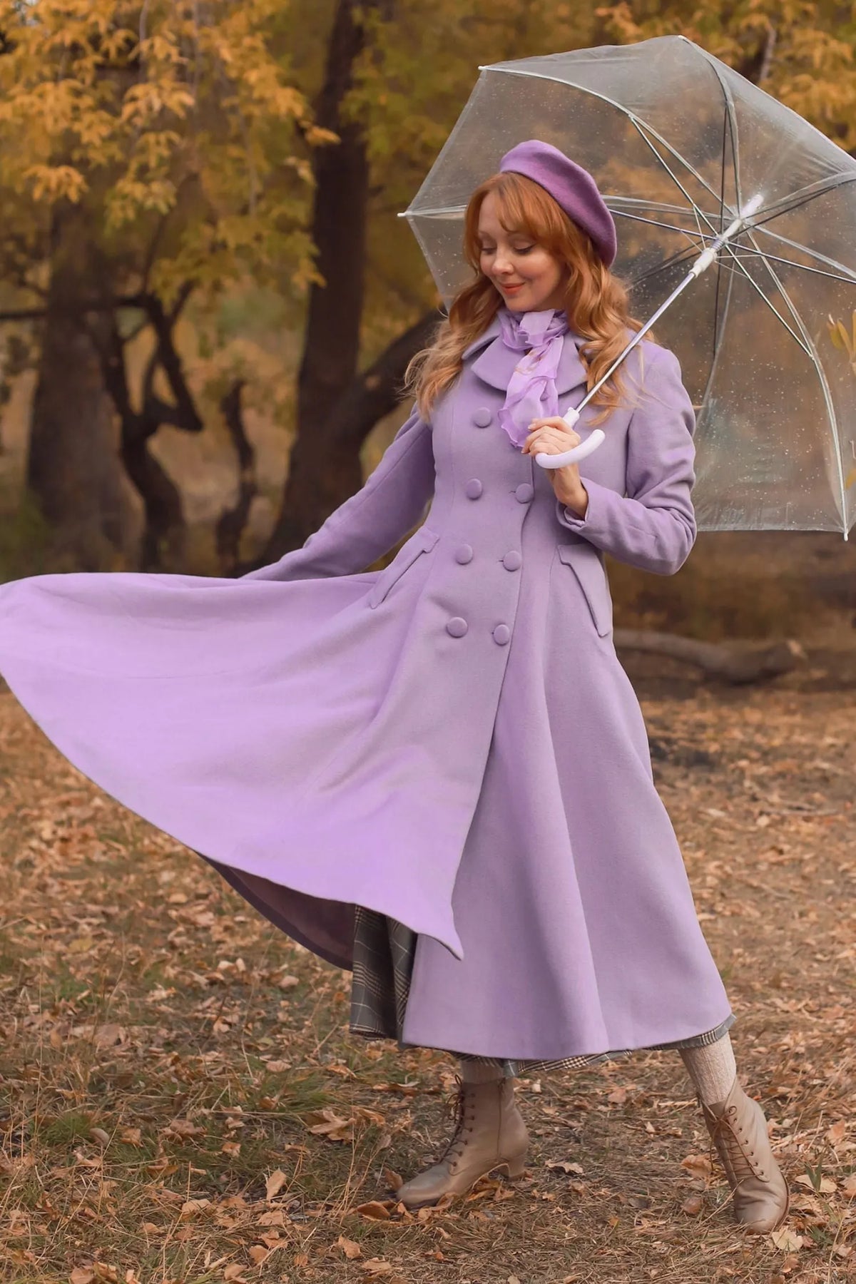 Lilac Wool Coat - Double Breasted, Mid-Calf Elegant Outerwear 3215