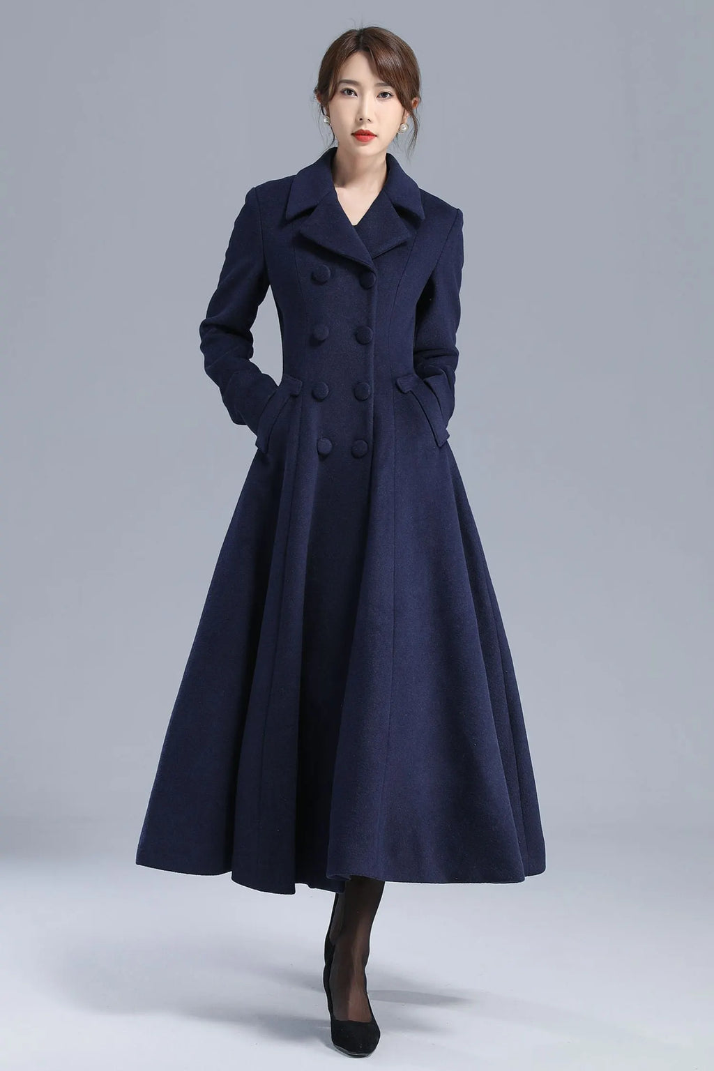 Navy Blue Wool Coat – Elegant Double-Breasted Fit and Flare Long Winter Overcoat 3208