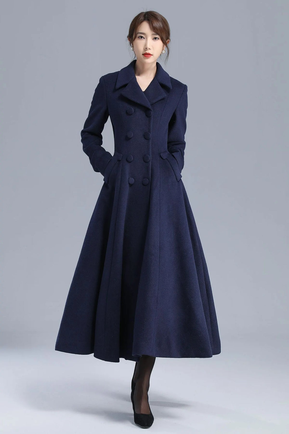 Navy Blue Wool Coat – Elegant Double-Breasted Fit and Flare Long Winter Overcoat 3208