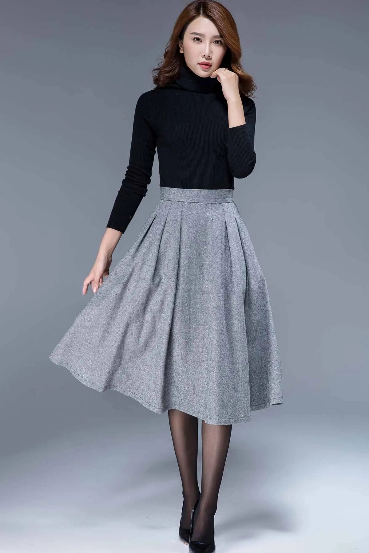 Handmade Wool Pleated Midi Skirt – Vintage Brown Winter Skirt 