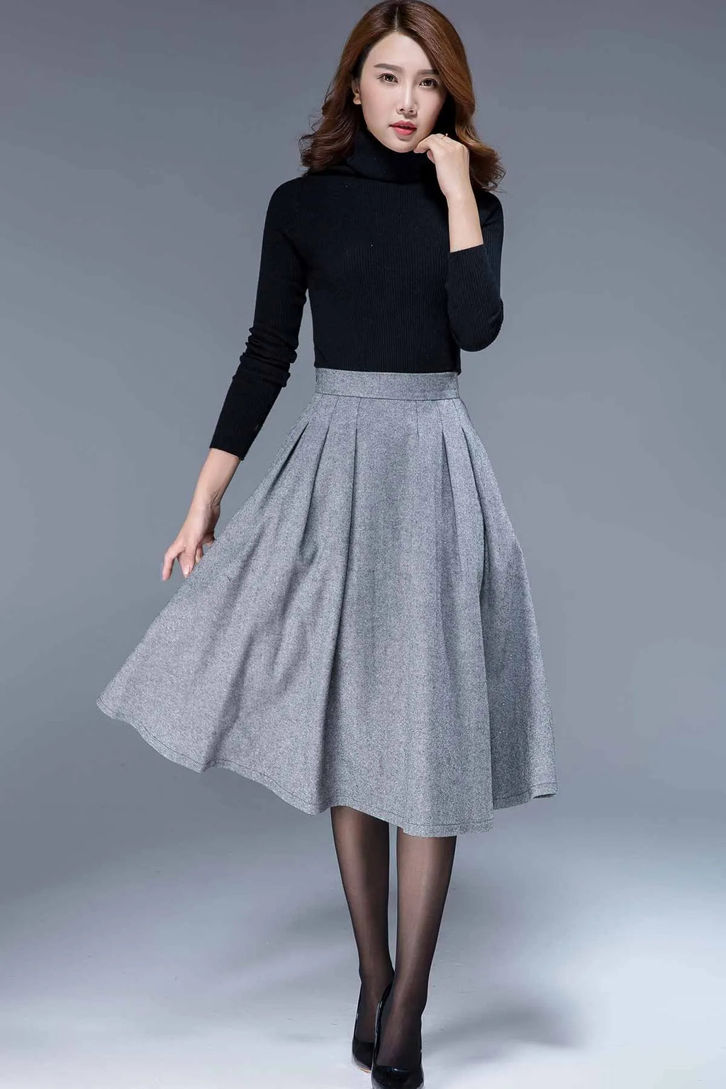 Gray Pleated Wool Midi Skirt – Handmade High Waist Winter Classic 