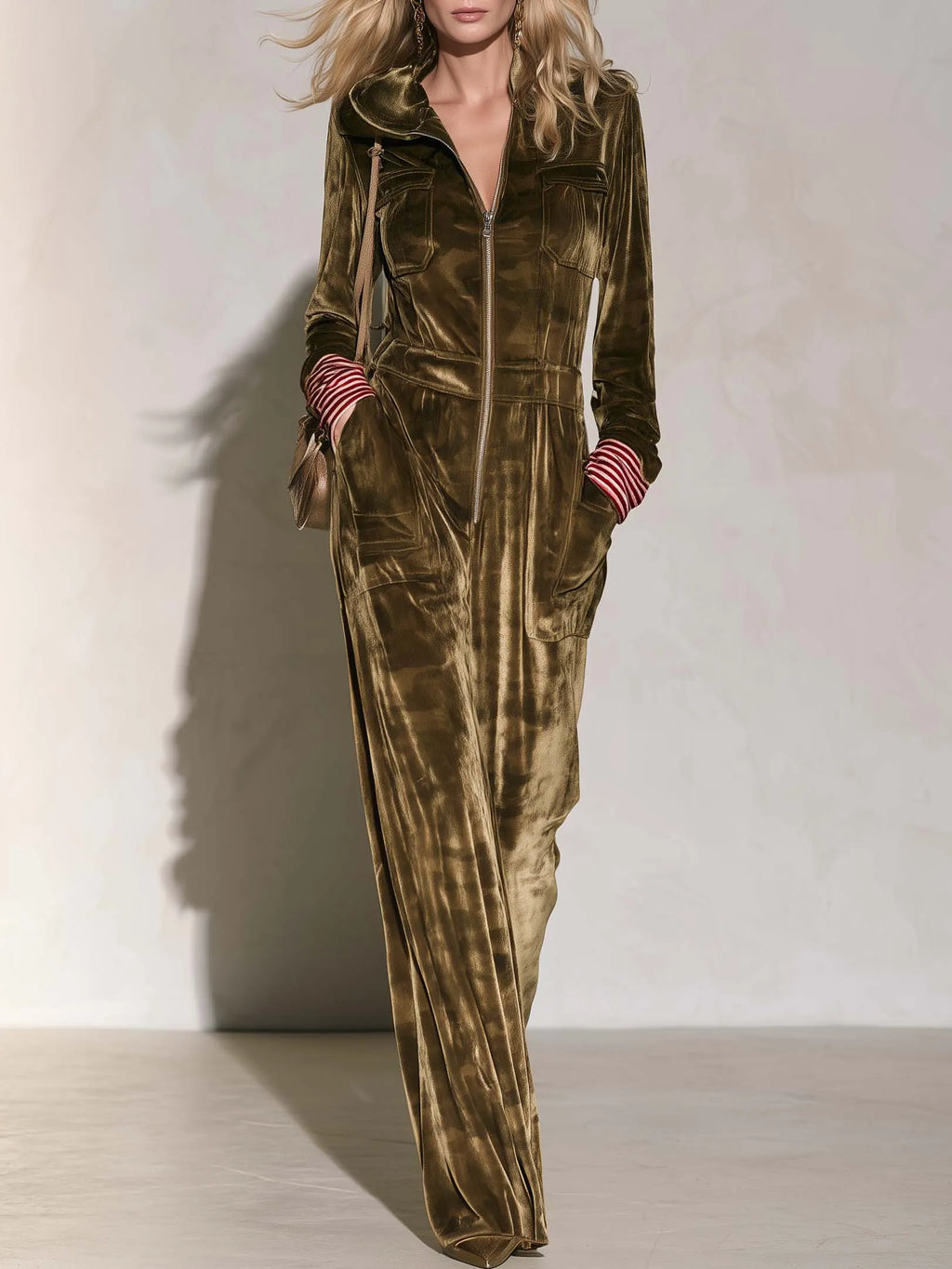 Vintage Utility Camo Olive Velvet Hooded Zip-Up Wide Leg Long Sleeve Jumpsuit