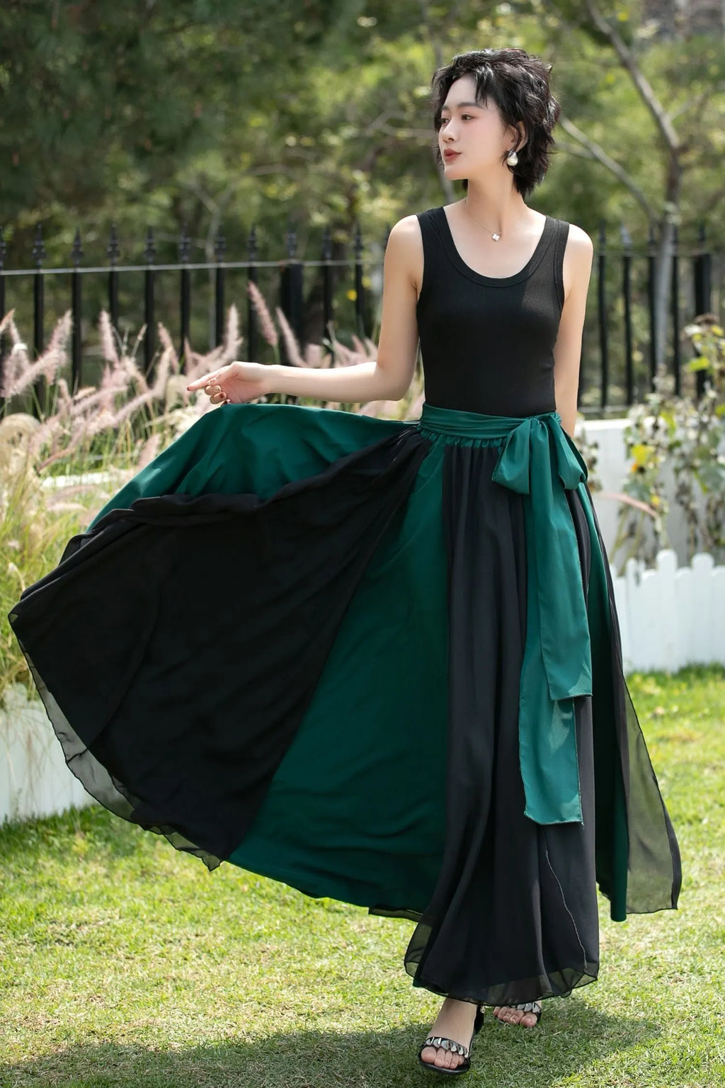 Black and Emerald Green Chiffon Maxi Skirt 