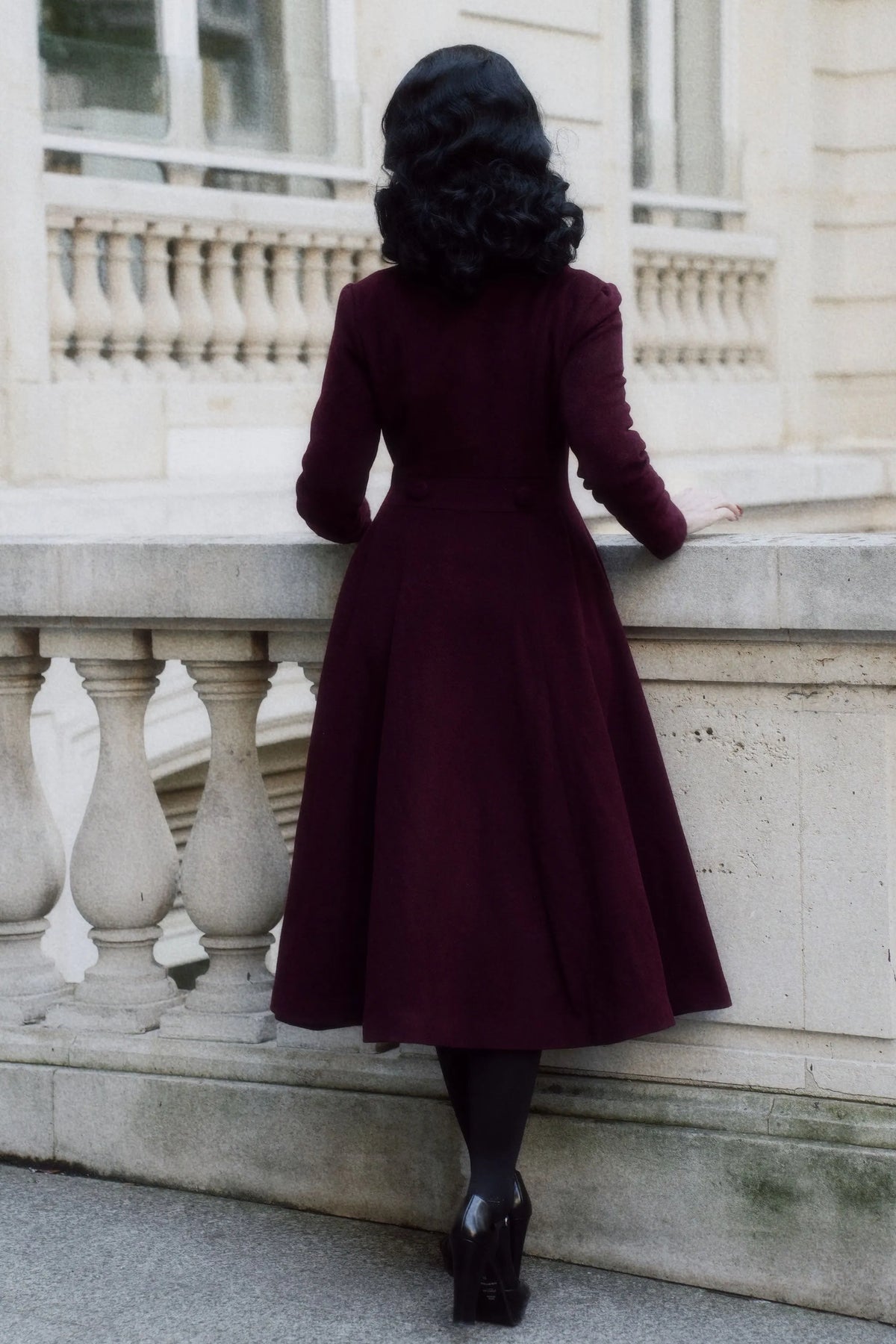 Handmade Burgundy Wool Swing Coat – Vintage Fit and Flare Double-Breasted Overcoat 