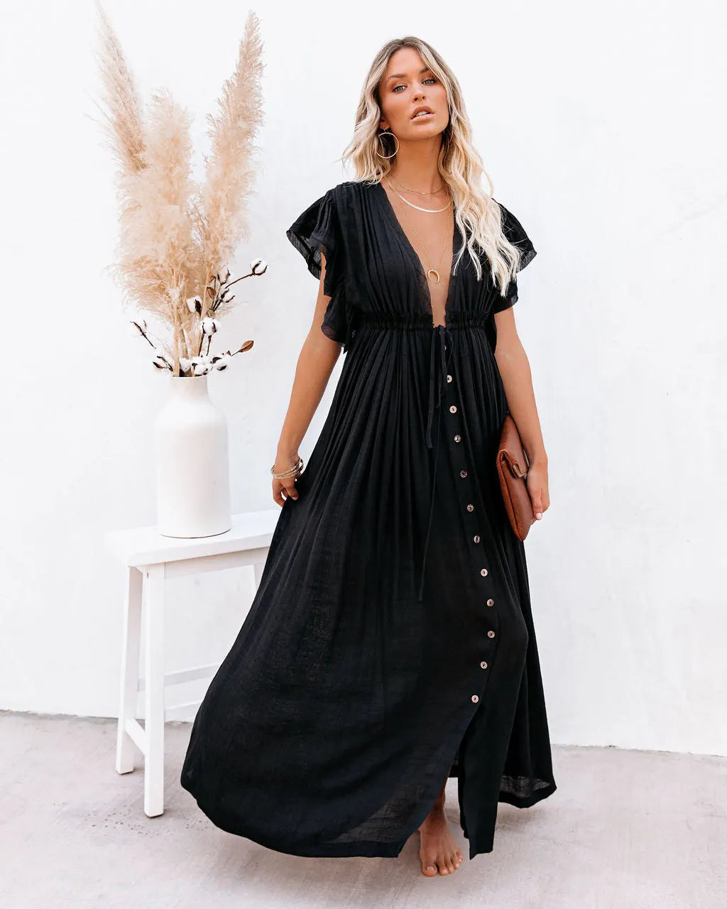 Anika Pocketed Button Down Ruffle Maxi Dress - Black