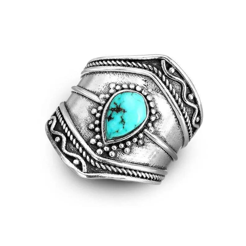 Bohemian Vintage Turquoise Teardrop Shape Irregular Ring