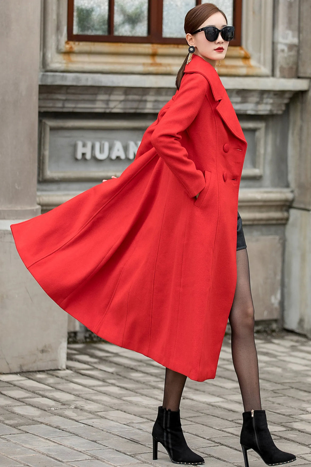 Handmade Red Wool Coat – Vintage Double Breasted Long Winter Overcoat 