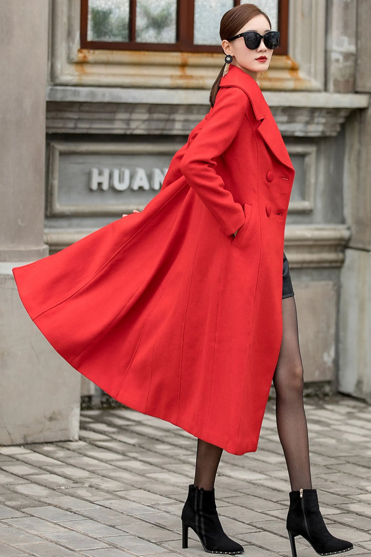 Handmade Red Wool Coat – Vintage Double Breasted Long Winter Overcoat 