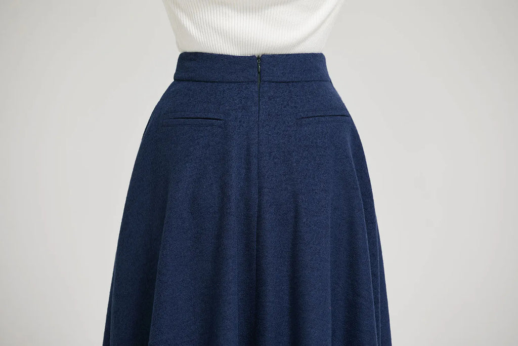 Navy Wool A-Line Midi Skirt - High Waist Elegant Silhouette 2301