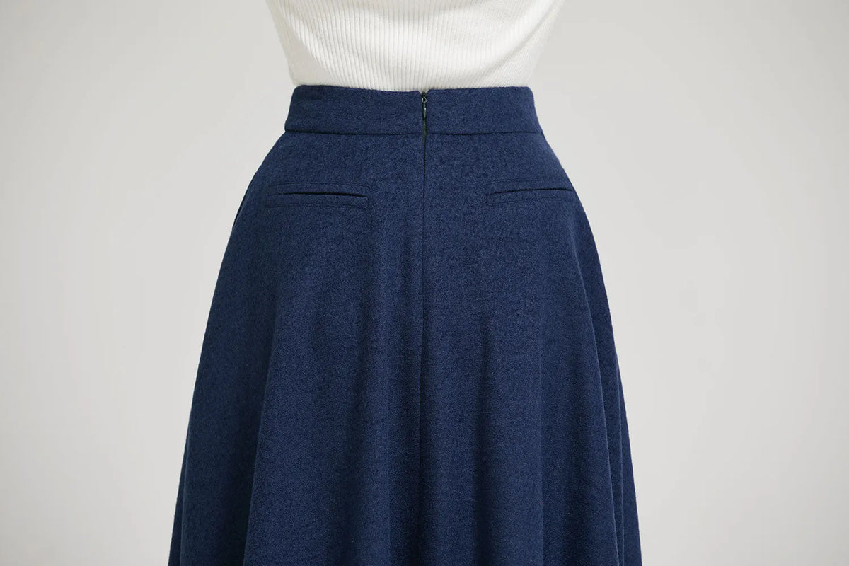 Navy Wool A-Line Midi Skirt - High Waist Elegant Silhouette 2301