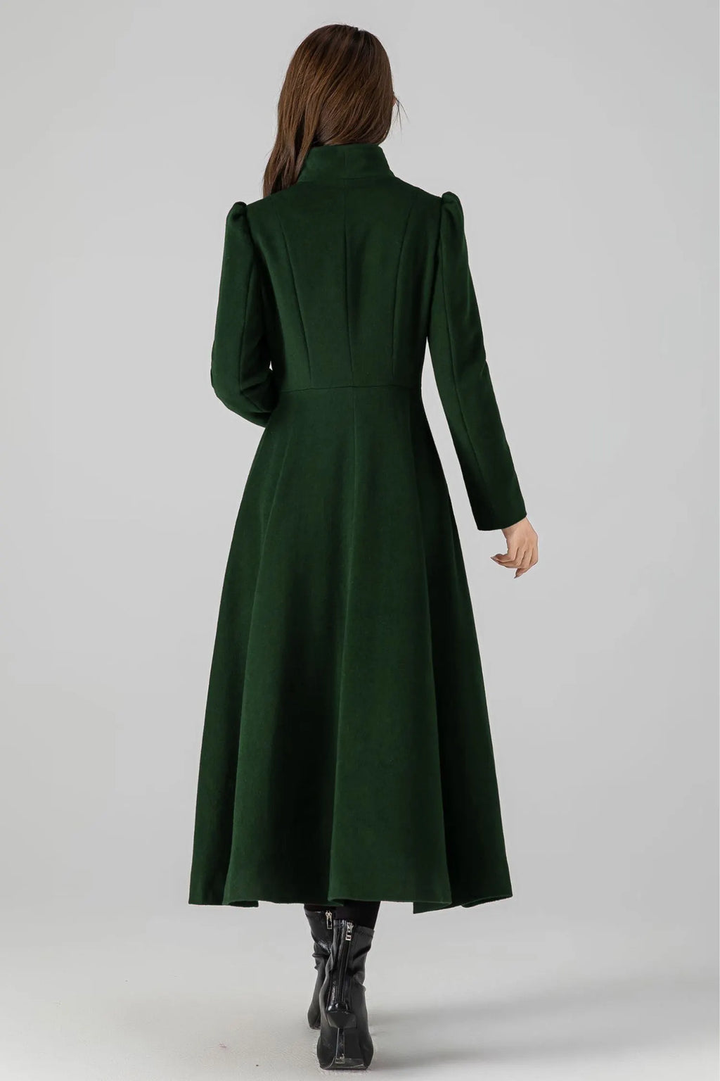 Forest Green Wool Coat - Vintage A-Line Silhouette with Stand Collar 5488