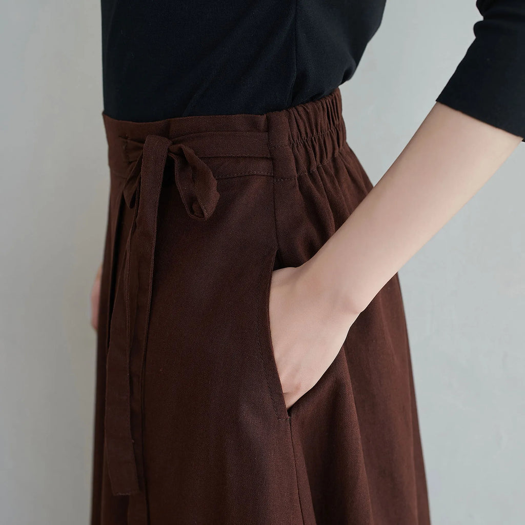 Brown Linen Blend Long Wrap Skirt - Asymmetrical, Elastic Waist 2553