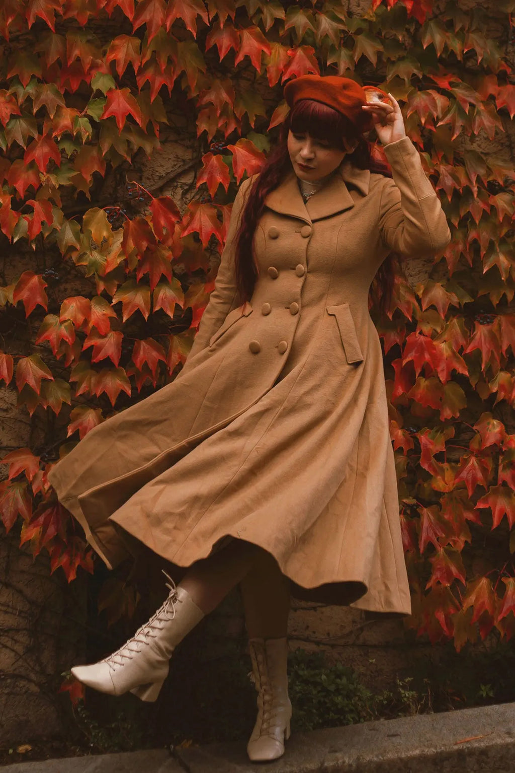 Camel Wool A-Line Coat - Double Breasted Fit & Flare 2468