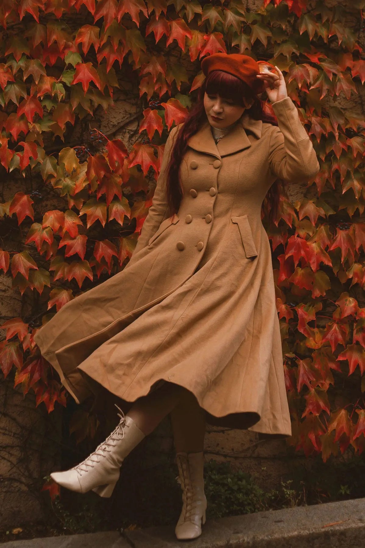 Camel Wool A-Line Coat - Double Breasted Fit & Flare 2468