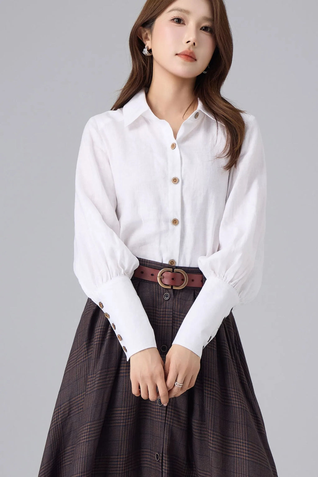 White Linen Cotton Shirt for Women – Puff Sleeve Vintage Inspired Button Blouse 