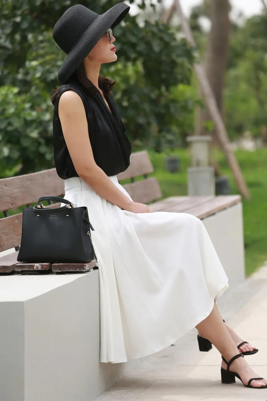 White Flare Midi Skirt - Fitted Waist & Seam Pockets 