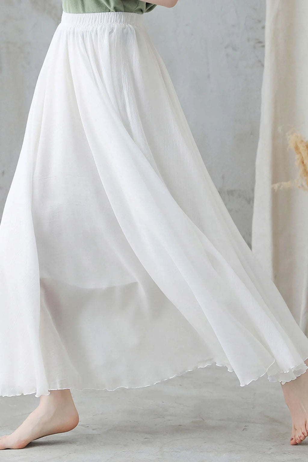 White Linen Maxi Swing Skirt, Pleated Elastic Waist 