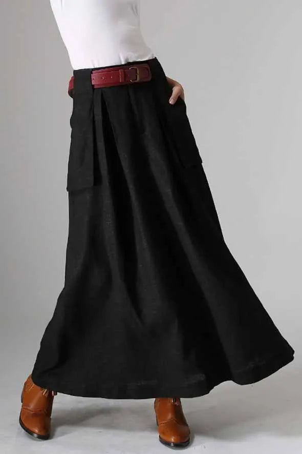 Black Linen Maxi Skirt - Big Pocket Detail 979