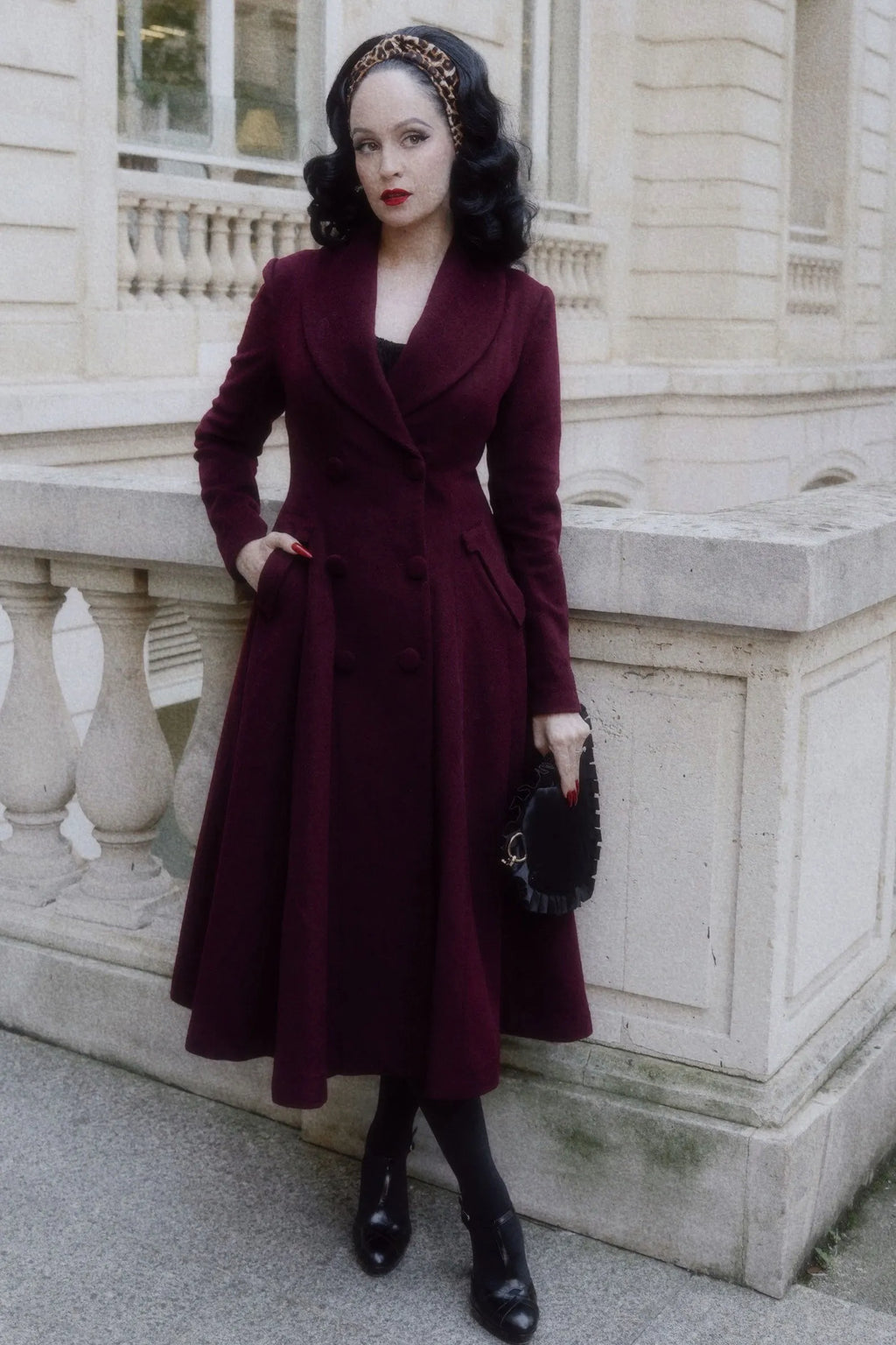 Handmade Burgundy Wool Swing Coat – Vintage Fit and Flare Double-Breasted Overcoat 