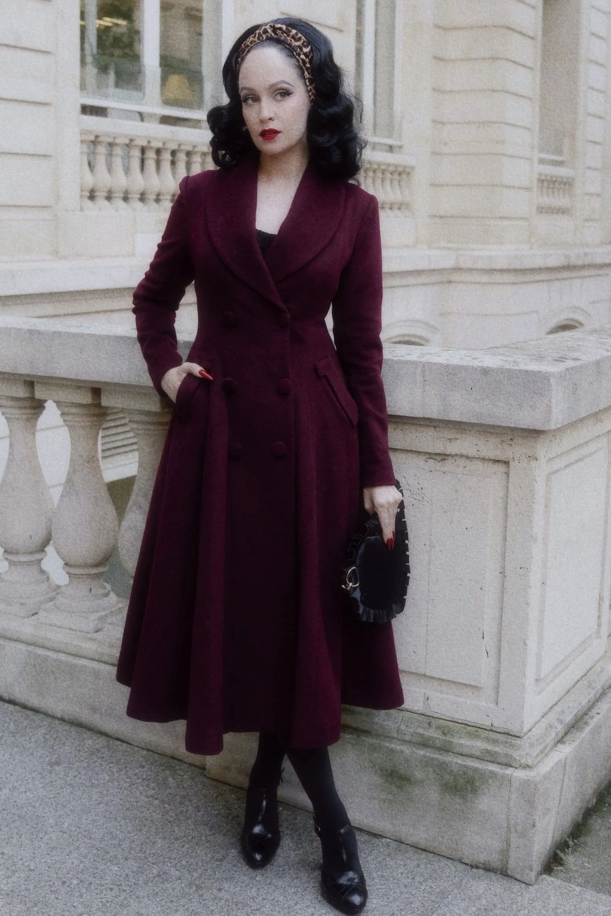 Handmade Burgundy Wool Swing Coat – Vintage Fit and Flare Double-Breasted Overcoat 