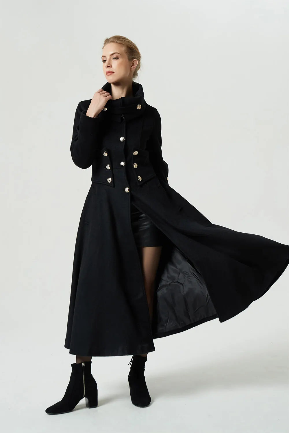 Black Wool Military Long Coat - Oversized Collar with Silver Buttons 1972