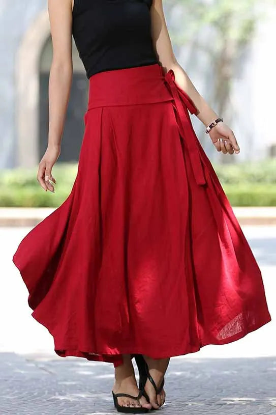 Red Linen Cotton Wrap Maxi Skirt – Handmade High Waist Summer Skirt 1025