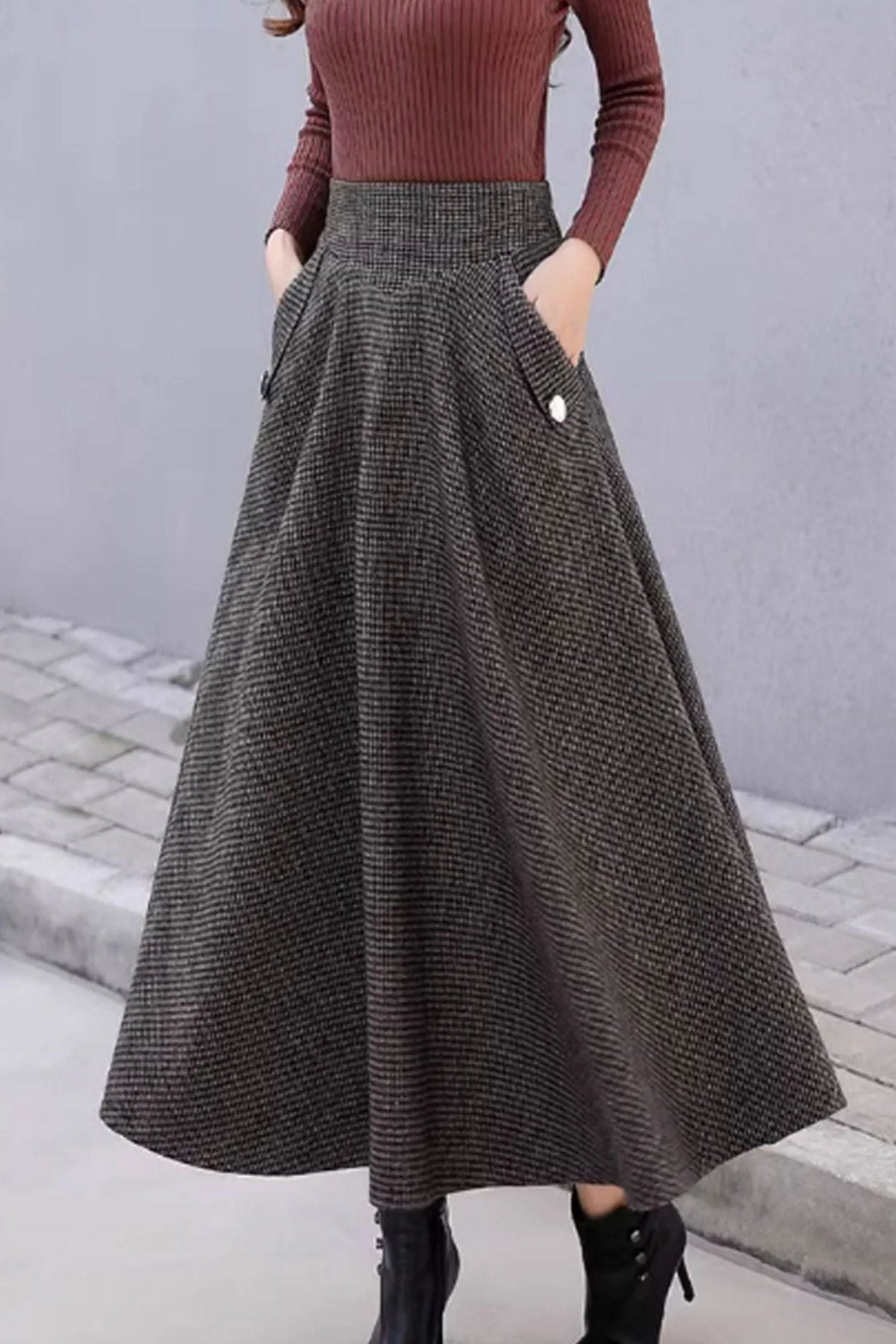 Black Gray Wool Midi Skirt - Striped A-Line with Pockets 4645-1