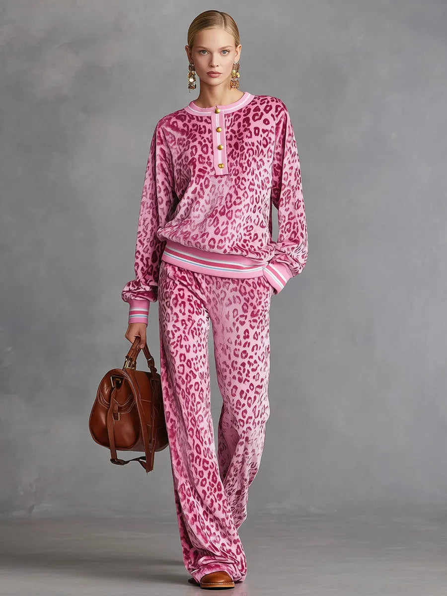 Casual Sporty Retro Pink Velvet Leopard Print Sweatshirt And Wide-Leg Pants Set