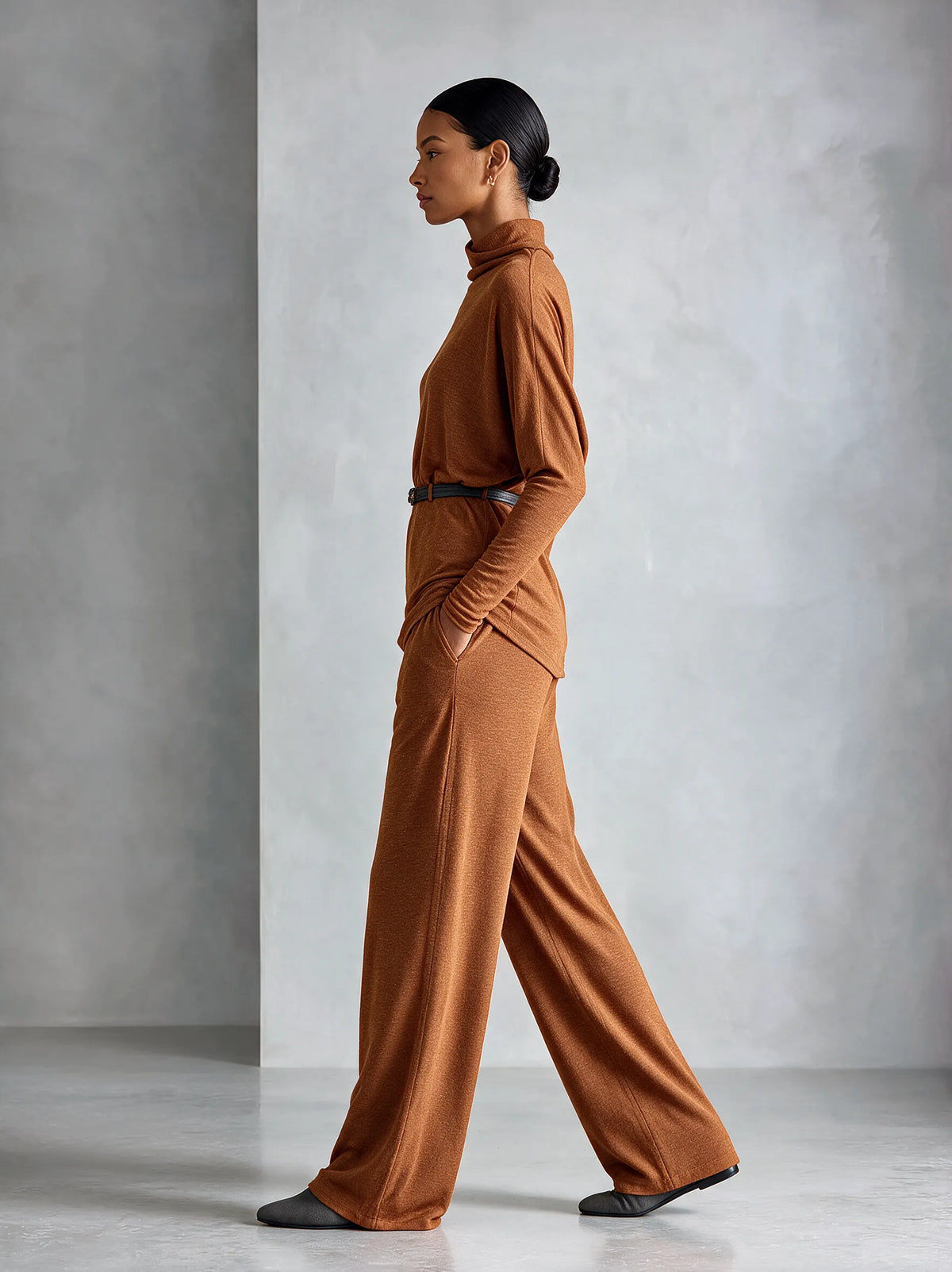 Women's Turtleneck Relaxed‑Fit Knit Top & Draping Wide‑Leg Trousers Set MDZ0238I7R