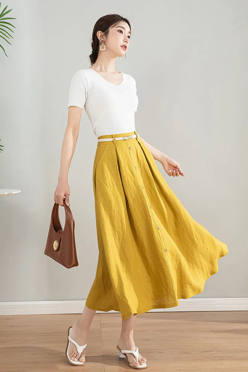 Handmade Linen Cotton Midi Skirt with Pockets 
