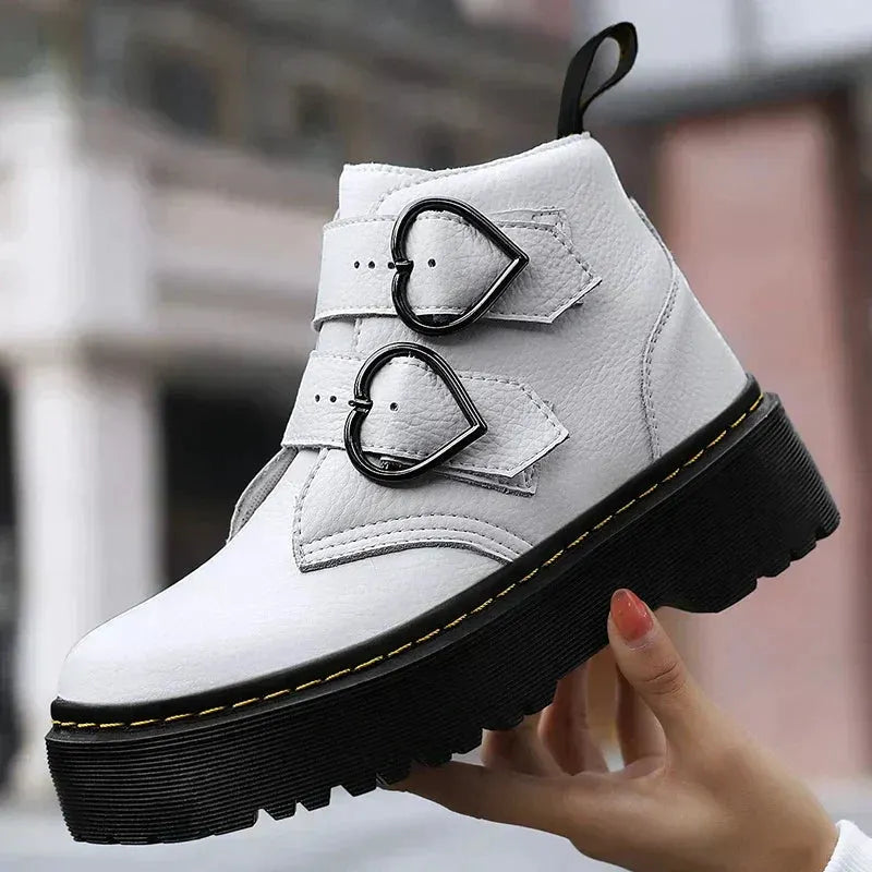 Women's Ankle Boots – Leather, Heart-Shaped Buckles, Casual for Everyday Wear