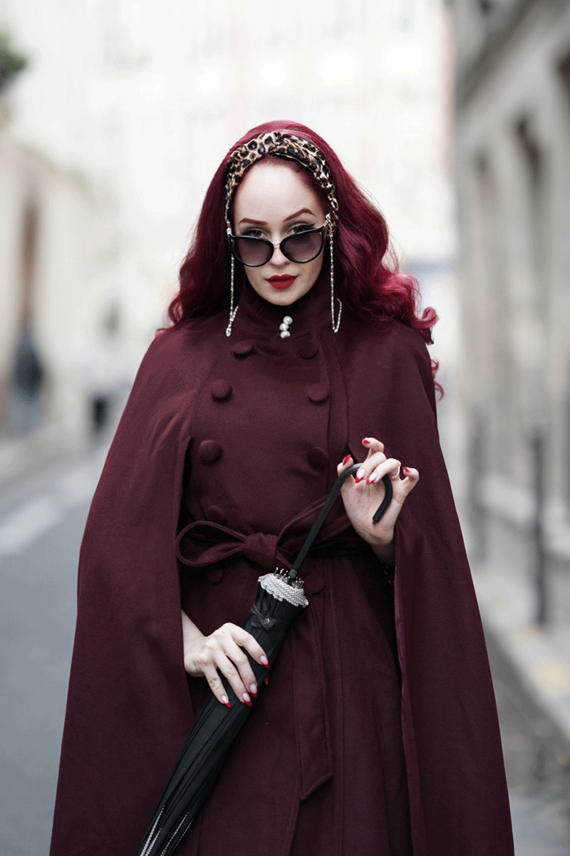 Burgundy Wool Cape Coat – Handmade Vintage Stand Collar Cloak with Belt 4728