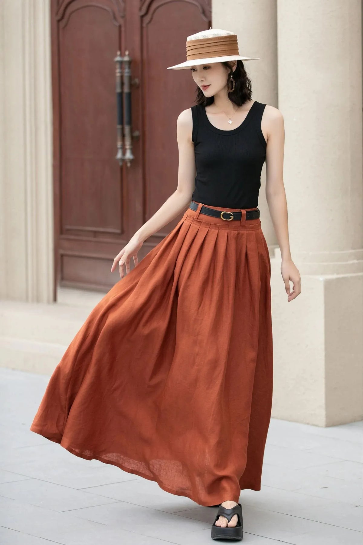 Orange Linen Cotton Blend Maxi Skirt - Pleated High Waist Swing 5191